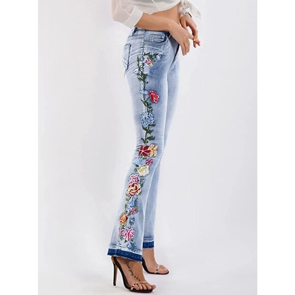 SOULS & SIRENS Denim - Light Wash Floral Embroidered Patch High Waisted Flare Bell Bottom Denim Jeans